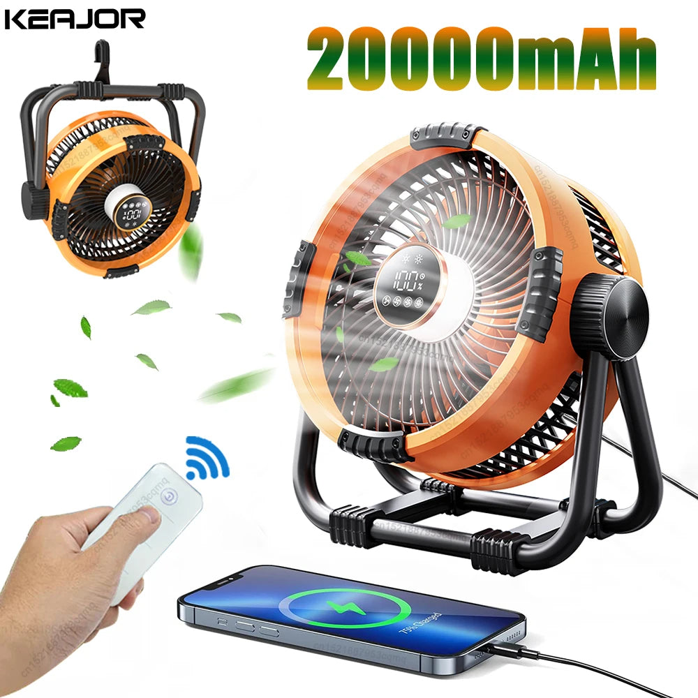 Camping Fan with LED Light & Hook – 20000mAh Rechargeable