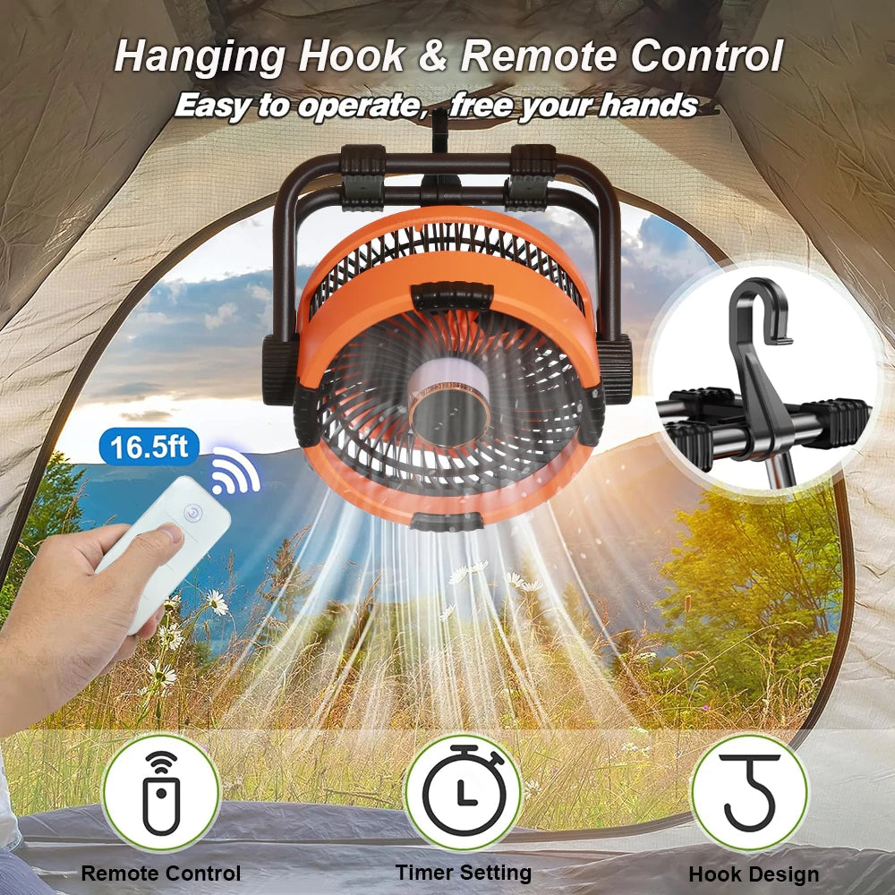 Camping Fan with LED Light & Hook – 20000mAh Rechargeable