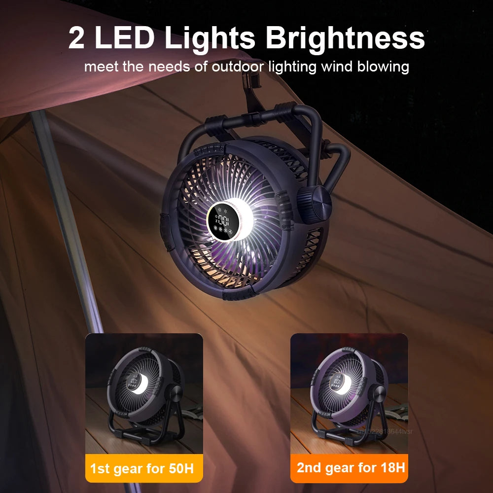 Camping Fan with LED Light & Hook – 20000mAh Rechargeable