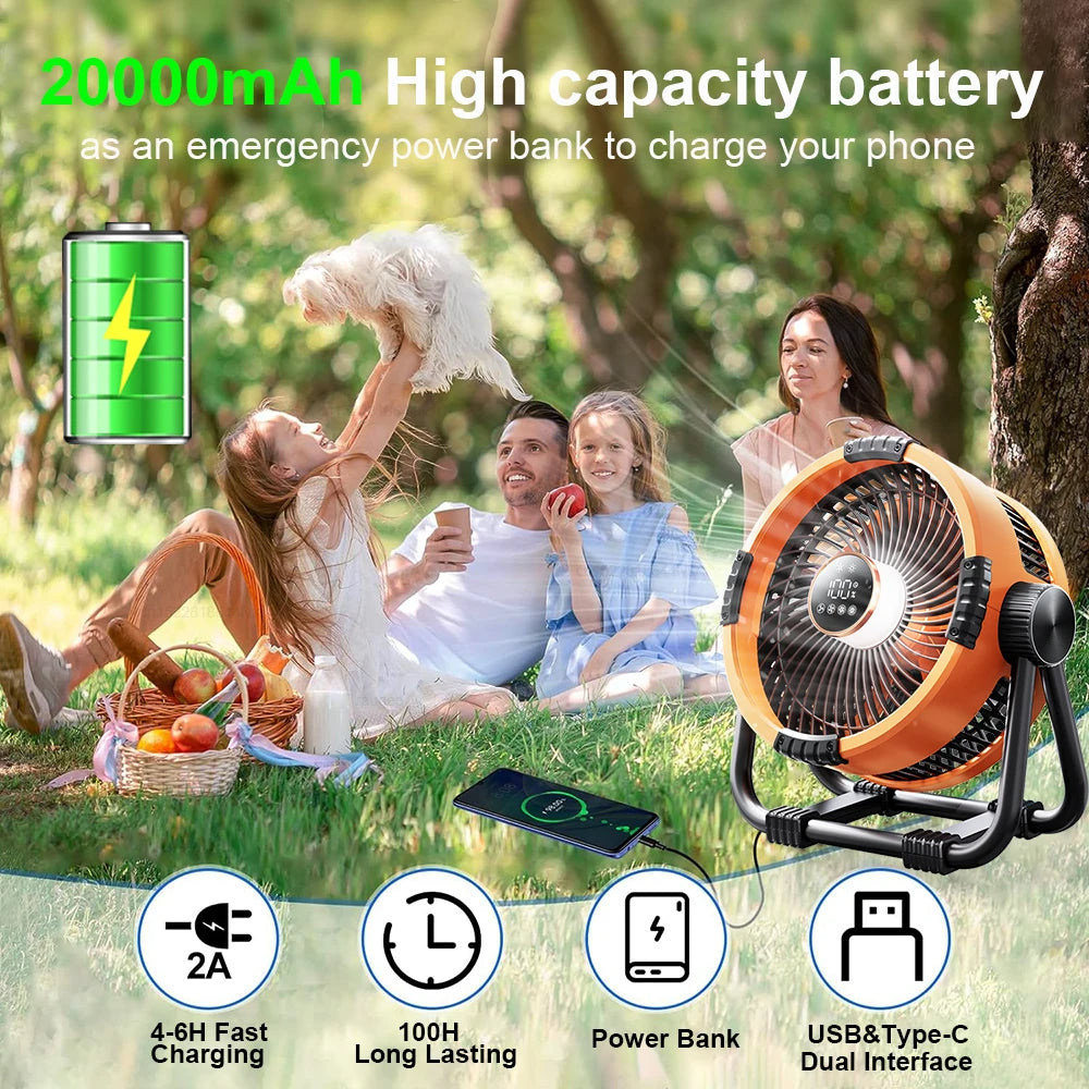 Camping Fan with LED Light & Hook – 20000mAh Rechargeable
