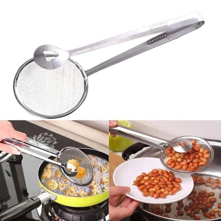 Stainless Steel Frying Strainer Tong – Clip-On Oil Filter Spoon for BBQ & Kitchen Frying, High-Quality Mesh Colander Tool