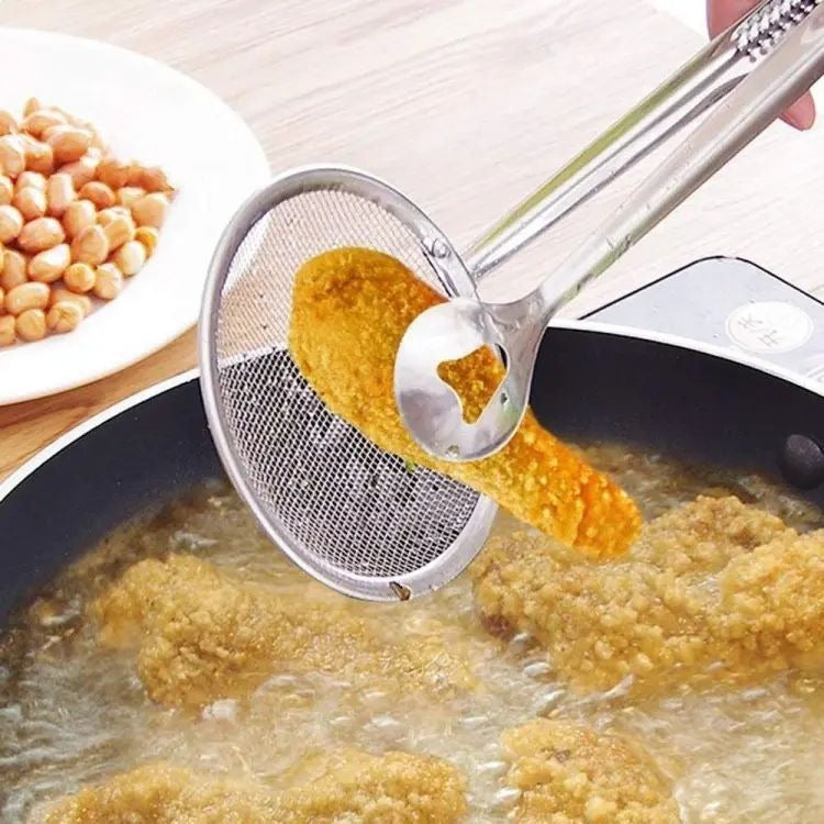 Stainless Steel Frying Strainer Tong – Clip-On Oil Filter Spoon for BBQ & Kitchen Frying, High-Quality Mesh Colander Tool