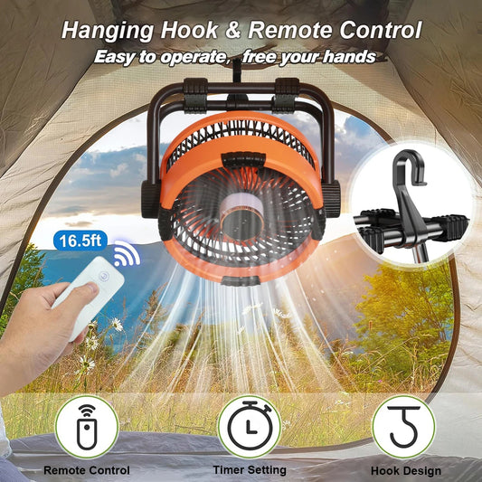 Camping Fan with LED Light & Hook – 20000mAh Rechargeable