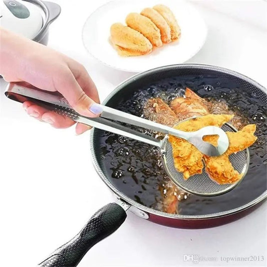 Stainless Steel Frying Strainer Tong – Clip-On Oil Filter Spoon for BBQ & Kitchen Frying, High-Quality Mesh Colander Tool